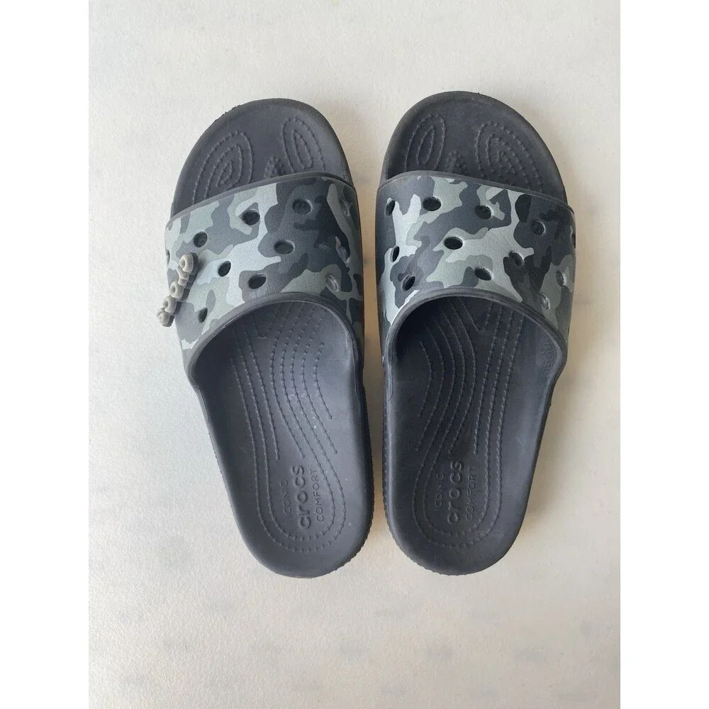Crocs Classic Camo Slides Black Grey Men 5 Women 7 Camouflage Sandal